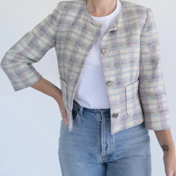 Vintage Paule  Vasseur Pink & Cream Cross Pattern 63% Wool Blazer 40 - Picture 2 of 12